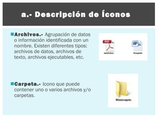 a.- Descripción de Íconos
Archivos.- Agrupación de datos
o información identificada con un
nombre. Existen diferentes tipos:
archivos de datos, archivos de
texto, archivos ejecutables, etc.

Carpeta.- Icono que puede
contener uno o varios archivos y/o
carpetas.

 