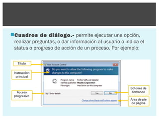 Cuadros de diálogo.- permite ejecutar una opción,
realizar preguntas, o dar información al usuario o indica el
status o progreso de acción de un proceso. Por ejemplo:

 
