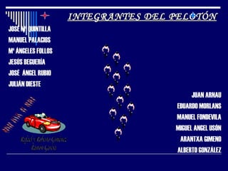 INTEGRANTES DEL PELOTÓN
JOSÉ Mª QUINTILLA
MANUEL PALACIOS
Mª ÁNGELES FOLLOS
JESÚS BEGUERÍA
JOSÉ ÁNGEL RUBIO
JULIÁN DIESTE
                                          JUAN ARNAU
                                    EDUARDO MORLANS
                                    MANUEL FONDEVILA
                                    MIGUEL ANGEL USÓN
                                     ARANTXA GIMENO
                                    ALBERTO GONZÁLEZ
 