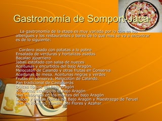 Gastronomía de Somport-Jaca
  La gastronomía de la etapa es muy variada por lo que en los
albergues y los restaurantes o bares de lo que mas se va a encontrar
es de lo siguiente:

  Cordero asado con patatas a lo pobre
Ensalada de verduras y hortalizas asadas
Bacalao ajoarriero
Jabalí estofado con salsa de nueces
Aceitunas y encurtidos del bajo Aragón.
Melocotón de Calando y otras frutas en Conserva
Aceitunas de mesa. Aceitunas negras y verdes
Frutas en conserva. Melocotón de Calando.
Pan tradicional de Castelserás
Dulces típicos del Bajo Aragón
Productos Ecológicos el Bajo Aragón
Miel elaborada en los montes del bajo Aragón
Dulces y pastas típicas del Bajo Aragón y Maestrazgo de Teruel
Miel de Romero, Tomillo, Mil Flores y Azahar
 