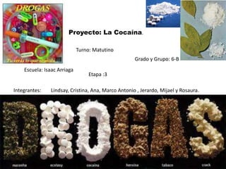Proyecto: La Cocaína.
Integrantes: Lindsay, Cristina, Ana, Marco Antonio , Jerardo, Mijael y Rosaura.
Escuela: Isaac Arriaga
Turno: Matutino
Grado y Grupo: 6-B
Etapa :3
 