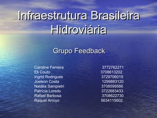 Infraestrutura BrasileiraInfraestrutura Brasileira
HidroviáriaHidroviária
Grupo FeedbackGrupo Feedback
Caroline Ferreira 3772762271
Eli Couto 3708613202
Ingrid Rodrigues 3729706019
Joelson Costa 1299883120
Natália Sampietri 3708599586
Patrícia Loredo 3722683433
Rafael Barbosa 3708622730
Raquel Arroyo 5634115602
 