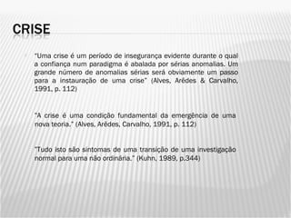 “ Uma crise é um período de insegurança evidente durante o qual a confiança num paradigma é abalada por sérias anomalias. Um grande número de anomalias sérias será obviamente um passo para a instauração de uma crise” (Alves, Arêdes & Carvalho, 1991, p. 112)  “ A crise é uma condição fundamental da emergência de uma nova teoria.” (Alves, Arêdes, Carvalho, 1991, p. 112)  “ Tudo isto são sintomas de uma transição de uma investigação normal para uma não ordinária.” (Kuhn, 1989, p.344) 