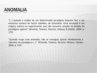“ (…) quando a solidez de um determinado paradigma baqueia face a um excessivo número de factos rebeldes, de  anomalias . Uma anomalia é um enigma, teórico ou experimental, que não encontra solução no âmbito do paradigma vigente” (Almeida, Teixeira, Murcho, Mateus & Galvão, 2004, p. 173) “ Quando surge uma anomalia, não se consegue ajustar devidamente a natureza ao paradigma (…).” (Almeida, Teixeira, Murcho, Mateus, Galvão, 2004, p. 174) 
