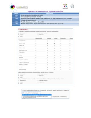 Sugerencia de llenado para los siguientes productos: Código Descripción 4168 Cintiq Companion Hybrid Android 16GB 4741 IMAC 21.5 2.7GHZ I5QC 1TB IRISPRO 6199 Tarjeta de Video QUADRO KEPLER K4000 3GB GDDR5 768 NUCLEOS + Monitor para CAD/CAM (2560x1440 Wide Quad HD) 6203 Pantalla digitalizadora Wacom Cintiq 13HD 6204 Pantalla digitalizadora, display interactivo para lápiz Wacom Cintiq 22 LCD HD 
 