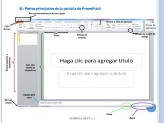 Barra de Herramientas de Acceso rápido
Ficheros o Cinta de Opciones
Cinta de
opciones

Ficha
Archivo

Área de esquema y
diapositivas

Grupo

Barra de
Estado

Iniciador de Cuadro de
dialogo

Botones de
comando

Área para
diseño de
dispositivas

Espacio para
notas

Vistas
ACADEMIA DE TIC’s I

Zoom

 