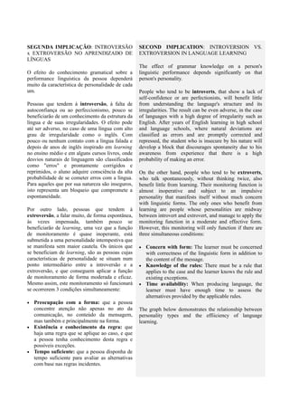 SEGUNDA IMPLICAÇÃO: INTROVERSÃO                    SECOND IMPLICATION: INTROVERSION VS.
x EXTROVERSÃO NO APRENDIZADO DE                    EXTROVERSION IN LANGUAGE LEARNING
LÍNGUAS
                                                   The effect of grammar knowledge on a person's
O efeito do conhecimento gramatical sobre a        linguistic performance depends significantly on that
performance linguística da pessoa dependerá        person's personality.
muito da característica de personalidade de cada
um.                                                People who tend to be introverts, that show a lack of
                                                   self-confidence or are perfectionists, will benefit little
Pessoas que tendem à introversão, à falta de       from understanding the language's structure and its
autoconfiança ou ao perfeccionismo, pouco se       irregularities. The result can be even adverse, in the case
beneficiarão de um conhecimento da estrutura da    of languages with a high degree of irregularity such as
língua e de suas irregularidades. O efeito pode    English. After years of English learning in high school
até ser adverso, no caso de uma língua com alto    and language schools, where natural deviations are
grau de irregularidade como o inglês. Com          classified as errors and are promptly corrected and
pouco ou nenhum contato com a língua falada e      repressed, the student who is insecure by his nature will
depois de anos de inglês inspirado em learning     develop a block that discourages spontaneity due to his
no ensino médio e em alguns cursos livres, onde    awareness from experience that there is a high
desvios naturais de linguagem são classificados    probability of making an error.
como "erros" e prontamente corrigidos e
reprimidos, o aluno adquire consciência da alta    On the other hand, people who tend to be extroverts,
probabilidade de se cometer erros com a língua.    who talk spontaneously, without thinking twice, also
Para aqueles que por sua natureza são inseguros,   benefit little from learning. Their monitoring function is
isto representa um bloqueio que compromete a       almost inoperative and subject to an impulsive
espontaneidade.                                    personality that manifests itself without much concern
                                                   with linguistic forms. The only ones who benefit from
Por outro lado, pessoas que tendem à               learning are people whose personalities are midway
extroversão, a falar muito, de forma espontânea,   between introvert and extrovert, and manage to apply the
às vezes impensada, também pouco se                monitoring function in a moderate and effective form.
beneficiarão de learning, uma vez que a função     However, this monitoring will only function if there are
de monitoramento é quase inoperante, está          three simultaneous conditions:
submetida a uma personalidade intempestiva que
se manifesta sem maior cautela. Os únicos que      • Concern with form: The learner must be concerned
se beneficiam de learning, são as pessoas cujas      with correctness of the linguistic form in addition to
características de personalidade se situam num       the content of the message.
ponto intermediário entre a introversão e a        • Knowledge of the rules: There must be a rule that
extroversão, e que conseguem aplicar a função        applies to the case and the learner knows the rule and
de monitoramento de forma moderada e eficaz.         existing exceptions.
Mesmo assim, este monitoramento só funcionará      • Time availability: When producing language, the
se ocorrerem 3 condições simultaneamente:            learner must have enough time to assess the
                                                     alternatives provided by the applicable rules.
• Preocupação com a forma: que a pessoa
  concentre atenção não apenas no ato da           The graph below demonstrates the relationship between
  comunicação, no conteúdo da mensagem,            personality types and the effiiciency of language
  mas também e principalmente na forma.            learning.
• Existência e conhecimento da regra: que
  haja uma regra que se aplique ao caso, e que
  a pessoa tenha conhecimento desta regra e
  possíveis exceções.
• Tempo suficiente: que a pessoa disponha de
  tempo suficiente para avaliar as alternativas
  com base nas regras incidentes.
 