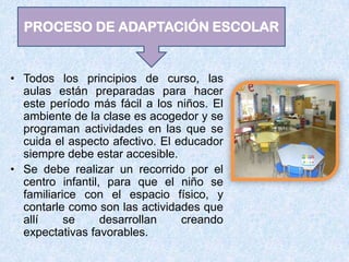 PROCESO DE ADAPTACIÓN ESCOLAR


• Todos los principios de curso, las
  aulas están preparadas para hacer
  este período más fácil a los niños. El
  ambiente de la clase es acogedor y se
  programan actividades en las que se
  cuida el aspecto afectivo. El educador
  siempre debe estar accesible.
• Se debe realizar un recorrido por el
  centro infantil, para que el niño se
  familiarice con el espacio físico, y
  contarle como son las actividades que
  allí     se     desarrollan    creando
  expectativas favorables.
 