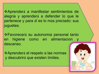 Aprenderá a manifestar sentimientos de
alegría y aprenderá a defender lo que le
pertenece y para él es lo más preciado: sus
juguetes.

Favorecerá su autonomía personal tanto
en higiene como en alimentación y
descanso.

Aprenderá el respeto a las normas
y descubrirá que existen límites.
 