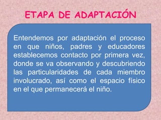 ETAPA DE ADAPTACIÓN

Entendemos por adaptación el proceso
en que niños, padres y educadores
establecemos contacto por primera vez,
donde se va observando y descubriendo
las particularidades de cada miembro
involucrado, así como el espacio físico
en el que permanecerá el niño.
 