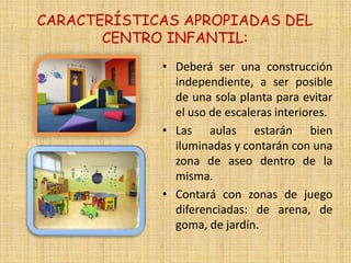 CARACTERÍSTICAS APROPIADAS DEL
       CENTRO INFANTIL:
             • Deberá ser una construcción
               independiente, a ser posible
               de una sola planta para evitar
               el uso de escaleras interiores.
             • Las aulas estarán bien
               iluminadas y contarán con una
               zona de aseo dentro de la
               misma.
             • Contará con zonas de juego
               diferenciadas: de arena, de
               goma, de jardín.
 