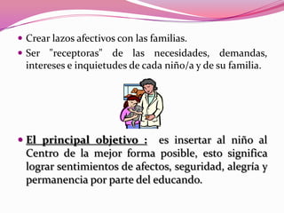  Crear lazos afectivos con las familias.
 Ser "receptoras"    de las necesidades, demandas,
  intereses e inquietudes de cada niño/a y de su familia.




 El principal objetivo : es insertar al niño al
  Centro de la mejor forma posible, esto significa
  lograr sentimientos de afectos, seguridad, alegría y
  permanencia por parte del educando.
 