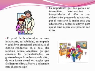  Es importante que los padres no
                                          transmitan        sentimientos      e
                                          inseguridades al niño ya que
                                          dificultará el proceso de adaptación,
                                          por el contrario lo mejor será que
                                          educadores y padres se apoyen para
                                          que el niño supere este proceso con
                                          éxito.


• El papel de la educadora es muy
importante, su habilidad, su empatía
y equilibrio emocional posibilitará el
manejo conductual en el aula, ella
también deberá adaptarse, ya que
conocerá las particularidades, los
gustos o lo que le molesta a cada niño,
de esta forma creará estrategias que
faciliten un clima afectivo y adecuado
para el aprendizaje.
 