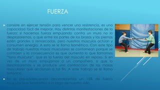 FUERZA
 consiste en ejercer tensión para vencer una resistencia, es una
capacidad fácil de mejorar. Hay distintas manifestaciones de la
fuerza: si hacemos fuerza empujando contra un muro no lo
desplazaremos, o que entre las partes de los brazos y las piernas
estén grandes o remarcadas, pero nuestros músculos actúan y
consumen energía. A esto se le llama Isométrica. Con este tipo
de trabajo nuestras masas musculares se contornean porque se
contraen y la consecuencia es que aumenta lo que llamamos
“tono muscular”, que es la fuerza del músculo en reposo. Si en
vez de un muro empujamos a un compañero, si que lo
desplazaremos y se produce una contracción de las masas
musculares que accionan a tal fin. A este trabajo se le llama
Isotónico.
 En la pre-adolescencia desarrollaremos un 15% de fuerza
muscular que tendremos a lo largo de nuestra vida.
 