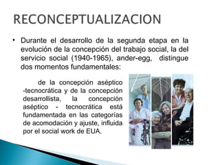 • Durante el desarrollo de la segunda etapa en la
  evolución de la concepción del trabajo social, la del
  servicio socia...