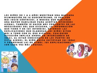 LOS NIÑOS DE 7 A 8 AÑOS MUESTRAN UNA MARCADA
DISMINUCIÓN DE SU EGOCENTRISMO, SE VUELVEN
MÁS SOCIO-CÉNTRICOS. A MEDIDA QUE MUESTRAN
UNA MAYOR HABILIDAD PARA ACEPTAR OPINIONES
AJENAS, TAMBIÉN SE HACEN MÁS CONSIENTES DE LAS
NECESIDADES DEL QUE ESCUCHA, LA INFORMACIÓN
QUE TIENE Y DE SUS INTERESES. ENTONCES LAS
EXPLICACIONES QUE ELABORAN LOS NIÑOS ESTÁN
MÁS A TONO CON EL QUE ESCUCHA. CUALQUIER
DISCUSIÓN IMPLICA AHORA UN INTERCAMBIO DE
IDEAS. AL ESTAR CONSCIENTE DE LOS PUNTOS DE
VISTA AJENOS, EL NIÑO BUSCA JUSTIFICAR SUS IDEAS
Y COORDINAR LAS DE OTROS. SUS EXPLICACIONES
SON CADA VEZ MÁS LÓGICAS.
 