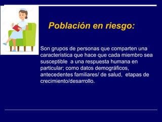 Población en riesgo:
Son grupos de personas que comparten una
característica que hace que cada miembro sea
susceptible a una respuesta humana en
particular; como datos demográficos,
antecedentes familiares/ de salud, etapas de
crecimiento/desarrollo.
 