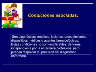 Son diagnósticos médicos, lesiones, procedimientos,
dispositivos médicos o agentes farmacológicos.
Estas condiciones no son modificables de forma
independiente por la enfermera profesional pero
pueden respaldar la precisión del diagnóstico
enfermero.
Condiciones asociadas:
 