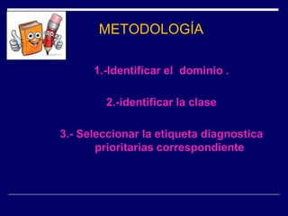 METODOLOGÍA
1.-Identificar el dominio .
2.-identificar la clase
3.- Seleccionar la etiqueta diagnostica
prioritarias correspondiente
 