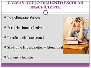 CAUSAS DE RENDIMIENTO ESCOLAR 
INSUFICIENTE 
Impedimentos físicos 
Perturbaciones afectivas 
Insuficiencia Intelectual. 
Síndrome Hipercinètico y Atencional. 
Violencia Escolar. 
 