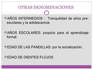 OTRAS DENOMINACIONES 
AÑOS INTERMEDIOS : Tranquilidad de años pre-escolares 
y la adolescencia. 
AÑOS ESCOLARES: propicio para el aprendizaje 
formal. 
EDAD DE LAS PANDILLAS: por la socialización. 
EDAD DE DIENTES FLOJOS 
 