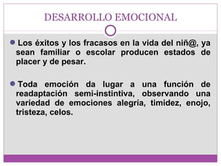 DESARROLLO EMOCIONAL 
Los éxitos y los fracasos en la vida del niñ@, ya 
sean familiar o escolar producen estados de 
placer y de pesar. 
Toda emoción da lugar a una función de 
readaptación semi-instintiva, observando una 
variedad de emociones alegría, timidez, enojo, 
tristeza, celos. 
 