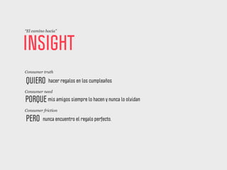 “El camino hacia”



INSIGHT
Consumer truth

QUIERO      hacer regalos en los cumpleaños
Consumer need

PORQUE mis amigos siempre lo hacen y nunca lo olvidan
Consumer friction

PERO     nunca encuentro el regalo perfecto.
 