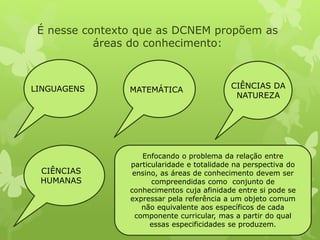 É nesse contexto que as DCNEM propõem as 
áreas do conhecimento: 
LINGUAGENS MATEMÁTICA 
CIÊNCIAS DA 
NATUREZA 
CIÊNCIAS 
HUMANAS 
Enfocando o problema da relação entre 
particularidade e totalidade na perspectiva do 
ensino, as áreas de conhecimento devem ser 
compreendidas como conjunto de 
conhecimentos cuja afinidade entre si pode se 
expressar pela referência a um objeto comum 
não equivalente aos específicos de cada 
componente curricular, mas a partir do qual 
essas especificidades se produzem. 
 