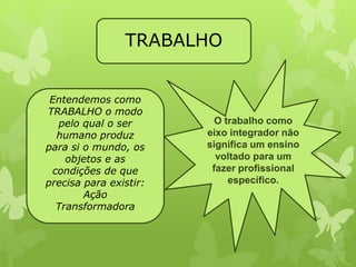 TRABALHO 
Entendemos como 
TRABALHO o modo 
pelo qual o ser 
humano produz 
para si o mundo, os 
objetos e as 
condições de que 
precisa para existir: 
Ação 
Transformadora 
O trabalho como 
eixo integrador não 
significa um ensino 
voltado para um 
fazer profissional 
específico. 
 