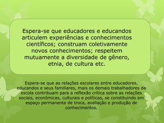 Espera-se que educadores e educandos 
articulem experiências e conhecimentos 
científicos; construam coletivamente 
novos conhecimentos; respeitem 
mutuamente a diversidade de gênero, 
etnia, de cultura etc. 
Espera-se que as relações escolares entre educadores, 
educandos e seus familiares, mais os demais trabalhadores da 
escola contribuam para a reflexão crítica sobre as relações 
sociais, econômicas, culturais e políticas, se constituindo em 
espaço permanente de troca, avaliação e produção de 
conhecimentos. 
