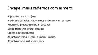 Encapei meus cadernos com esmero.
Sujeito Desinencial: (eu)
Predicado verbal: Encapei meus cadernos com esmero
Núcleo do predicado verbal: encapei
Verbo transitivo direto: encapei
Objeto direto: caderno
Adjunto adverbial: (com) esmero – modo.
Adjunto adnominal: meus, com.
 