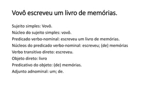Vovô escreveu um livro de memórias.
Sujeito simples: Vovô.
Núcleo do sujeito simples: vovô.
Predicado verbo-nominal: escreveu um livro de memórias.
Núcleos do predicado verbo-nominal: escreveu; (de) memórias
Verbo transitivo direto: escreveu.
Objeto direto: livro
Predicativo do objeto: (de) memórias.
Adjunto adnominal: um; de.
 