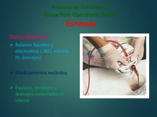 Proceso de Enfermería
Etapa Post-Operatoria Tardía
Estimado
Datos Objetivos:
 Balance líquidos y
electrolitos ( I&O, edem...
