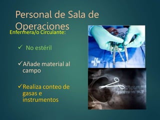 Personal de Sala de
Operaciones
Enfermera/o Circulante:
 No estéril
Añade material al
campo
Realiza conteo de
gasas e
i...