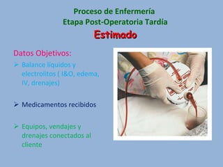 Proceso de Enfermería  Etapa Post-Operatoria Tardía Estimado Datos Objetivos: Balance líquidos y electrolitos ( I&O, edema, IV, drenajes) Medicamentos recibidos Equipos, vendajes y drenajes conectados al cliente 