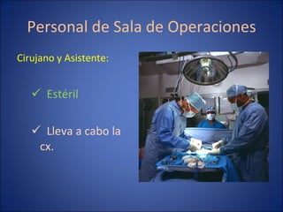 Personal de Sala de Operaciones Cirujano y Asistente: Estéril Lleva a cabo la cx. 