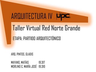 ARQUITECTURA IV - 
ARQ. PINTOS, GLADIS 
MAYANS, MATÍAS 19.317 
MORLINO C. MARÍA JOSÉ 19.310 
ETAPA: PARTIDO ARQUITECTÓNICO 
Taller Virtual Red Norte Grande  