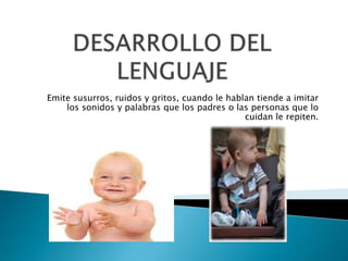 Emite susurros, ruidos y gritos, cuando le hablan tiende a imitar
los sonidos y palabras que los padres o las personas que lo
cuidan le repiten.
 