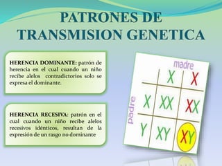HERENCIA DOMINANTE: patrón de
herencia en el cual cuando un niño
recibe alelos contradictorios solo se
expresa el dominante.
HERENCIA RECESIVA: patrón en el
cual cuando un niño recibe alelos
recesivos idénticos, resultan de la
expresión de un rasgo no dominante
 
