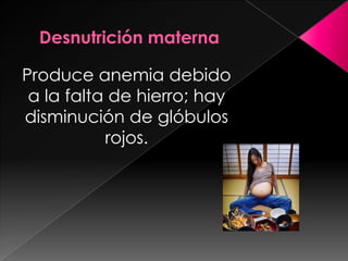 Desnutrición maternaProduce anemia debido a la falta de hierro; hay disminución de glóbulos rojos.