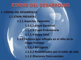 1- ETAPAS DEL DESARROLLO
1.1 ETAPA PRENATAL
1.1.1 Aspectos Generales
1.1.1.2 Etapa Germinal
1.1.1.3 Etapa Embrionaria
1.1.1.4 Etapa Fetal
1.1.2 Factores que influyen en el niño en la
Etapa Prenatal
1.1.2.1 Biológicos
1.1.2.2 Relacionados con el estilo de vida
1.1.2.3Factores Psico-sociales
 