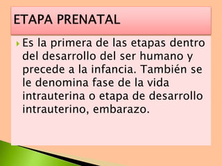  Es la primera de las etapas dentro
del desarrollo del ser humano y
precede a la infancia. También se
le denomina fase de la vida
intrauterina o etapa de desarrollo
intrauterino, embarazo.
 