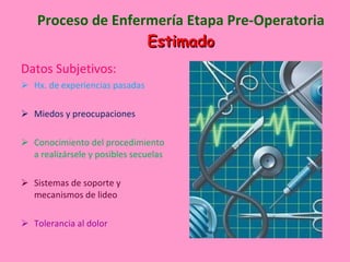 Proceso de Enfermería Etapa Pre-Operatoria Estimado Datos Subjetivos: Hx. de experiencias pasadas Miedos y preocupaciones Conocimiento del procedimiento a realizársele y posibles secuelas Sistemas de soporte y mecanismos de lideo Tolerancia al dolor 
