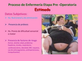 Proceso de Enfermería Etapa Pre -Operatoria Estimado Datos Subjetivos: Hx. Nutricional y de eliminación Presencia de prótesis Hx. Previo de dificultad sensorial o motor Presencia de factores de riesgo  (fumar, alcohol, edad, problemas hepáticos, renales, respiratorio, cardiovasculares, obesidad, DM, caquexia, uso de anticoagulantes, antihipertensivos, tranquilizantes) 