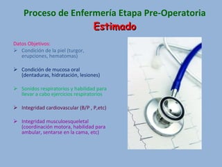 Proceso de Enfermería Etapa Pre-Operatoria Estimado Datos Objetivos: Condición de la piel (turgor, erupciones, hematomas) Condición de mucosa oral (dentaduras, hidratación, lesiones) Sonidos respiratorios y habilidad para llevar a cabo ejercicios respiratorios Integridad cardiovascular (B/P , P,etc) Integridad musculoesqueletal (coordinación motora, habilidad para ambular, sentarse en la cama, etc) 