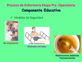 Proceso de Enfermería Etapa Pre -Operatoria Componente Educativo Medidas de Seguridad No ambulación Restricciones dietéticas Postoperatorias Barandas elevadas 