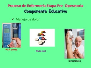 Proceso de Enfermería Etapa Pre -Operatoria Componente Educativo Manejo de dolor PCA pump Inyectables Ruta oral 