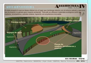 ADECUACIÓN ECOLÓGICA

ARQUITECTURA IV
UNNE. U.P.C.

En éste proyecto lo que se desea obtener es un lugar que mantenga relación con el entorno natural, y que a su
vez el proyecto no genere gran impacto ambiental. Para ello se utilizaron materiales ecológicos como ser
maderas ,enredaderas y paneles solares, logrando una arquitectura renovable.

Paneles solares

Espejos de agua

Paneles solares

Vegetación

Vegetación

Vegetación

Placas de
madera, enredaderas y
piedras

ECO TURISMO - TVRNG
ABATTE, Gabriela. BARBOZA, Juan José. SANTOS, María Victoria.

AÑO : 2013.

 