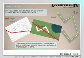 ZONIFICACIÓN

ARQUITECTURA IV
UNNE. U.P.C.

LOS VOLUMENES SON ABIERTOS, DANDO LUGAR A
EXPANCIONES HACIA DISTINTOS PUNTOS.

CAMINO
DE
INGRESO

RUTAS

LOS VOLUMENES ESTAN ELEVADOS DE MANERA TAL
QUE SE OBTENGAN BUENAS VISUALES Y QUE UNO NO
INTERFIERA EN EL OTRO.

ECO TURISMO - TVRNG
ABATTE, Gabriela. BARBOZA, Juan José. SANTOS, María Victoria.

AÑO : 2013.

 