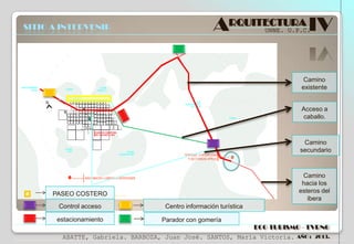SITIO A INTERVENIR

ARQUITECTURA IV
UNNE. U.P.C.

Camino
existente
Acceso a
caballo.

Camino
secundario

Camino
hacia los
esteros del
ibera

PASEO COSTERO
Paseo costero/ ruta alternativa
Control acceso
estacionamiento

Centro información turística
Parador con gomería
ECO TURISMO - TVRNG

ABATTE, Gabriela. BARBOZA, Juan José. SANTOS, María Victoria.

AÑO : 2013.

 